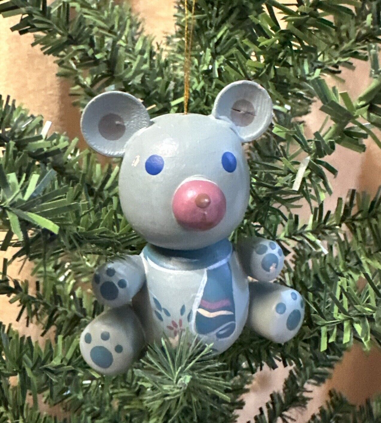 Vintage 1980’s Wooden Teddy Bear Christmas Ornament 2.5”