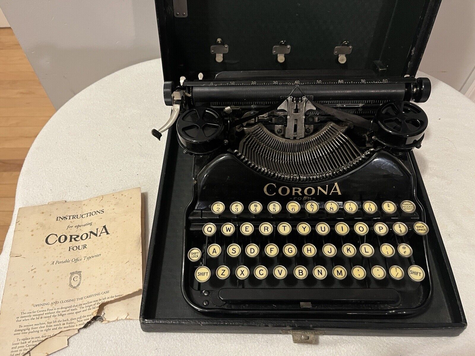1926 Corona Four Antique Portable Typewriter Working w New Ink & Case & Manual