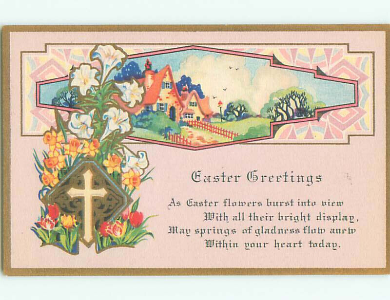 Unused Pre-Linen COLORFUL HOUSE WITH EASTER LILIES AND DAFFODIL FLOWERS k2076@