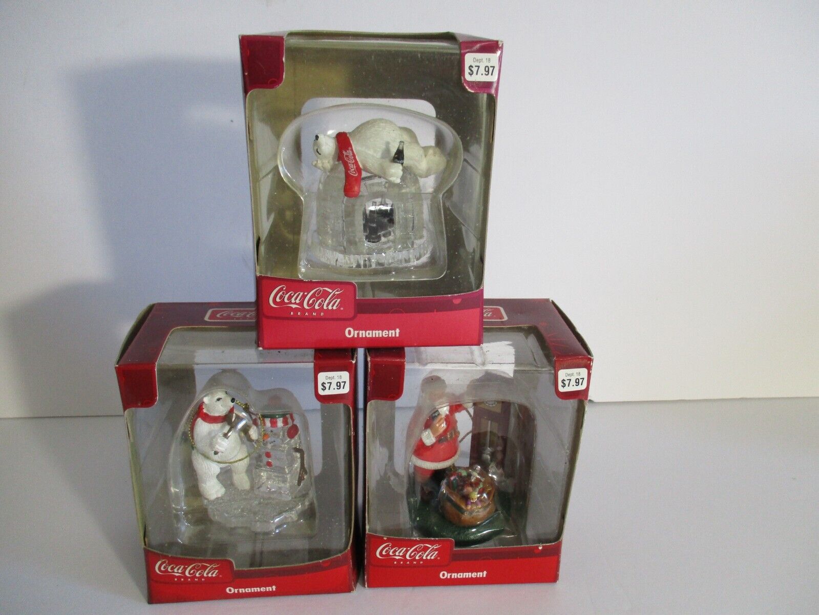 3 - Vintage Coca Cola Christmas Tree Ornaments Polar Bear Santa