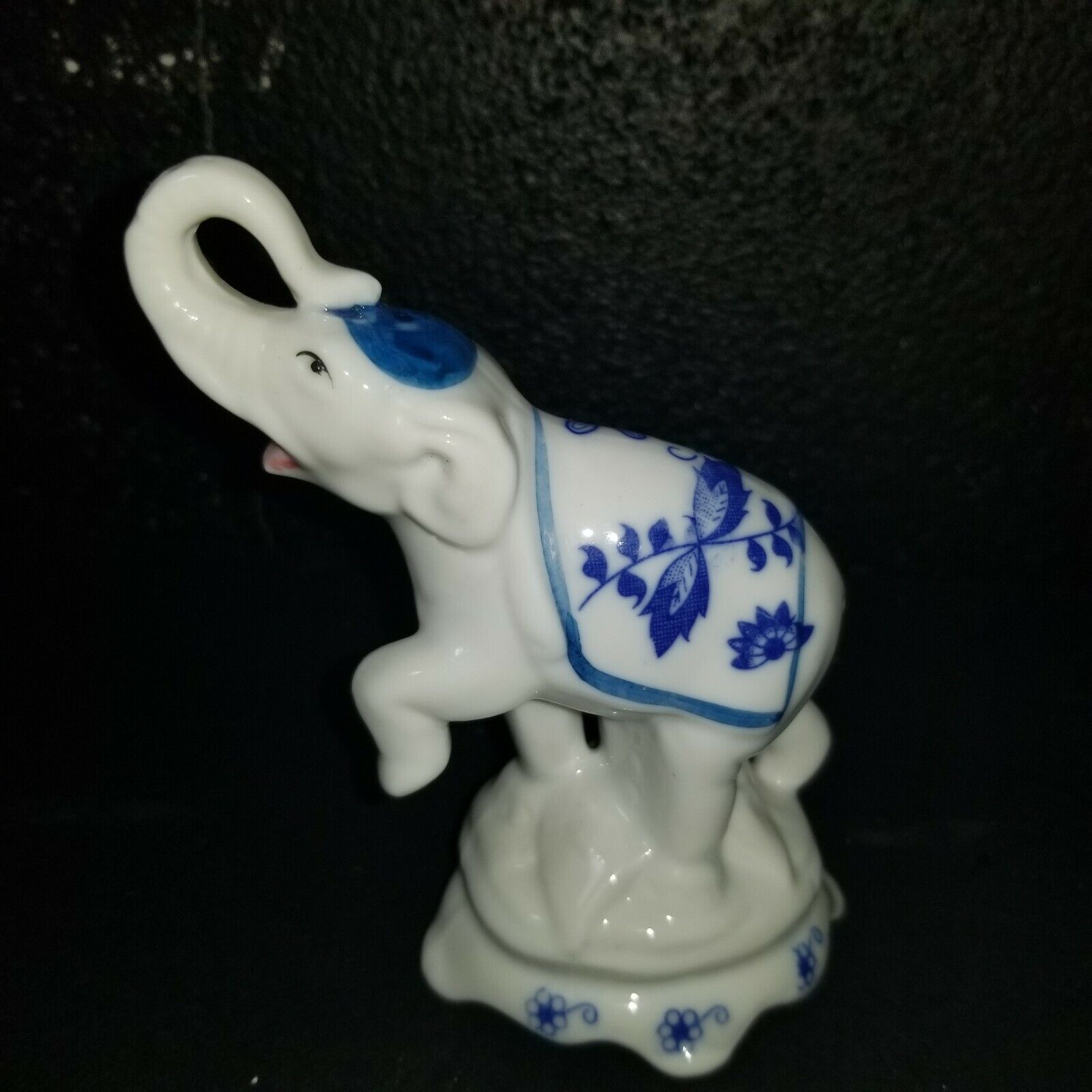 Blue Elephant Figurine Ceramic Hand Paint Craft Lucky Truck Up Home Decor Gift