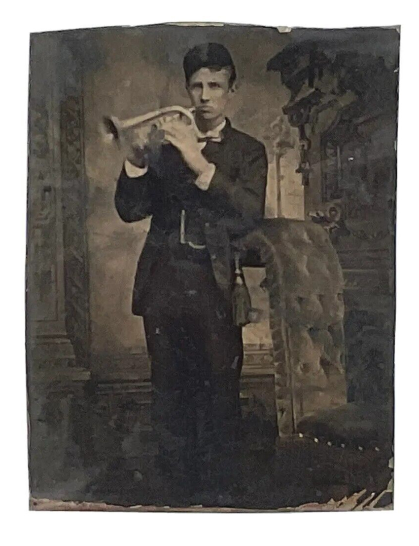 Vtg Bugle Trumpet Tintype Photo Antique  Man Musician Instrument Music Performer