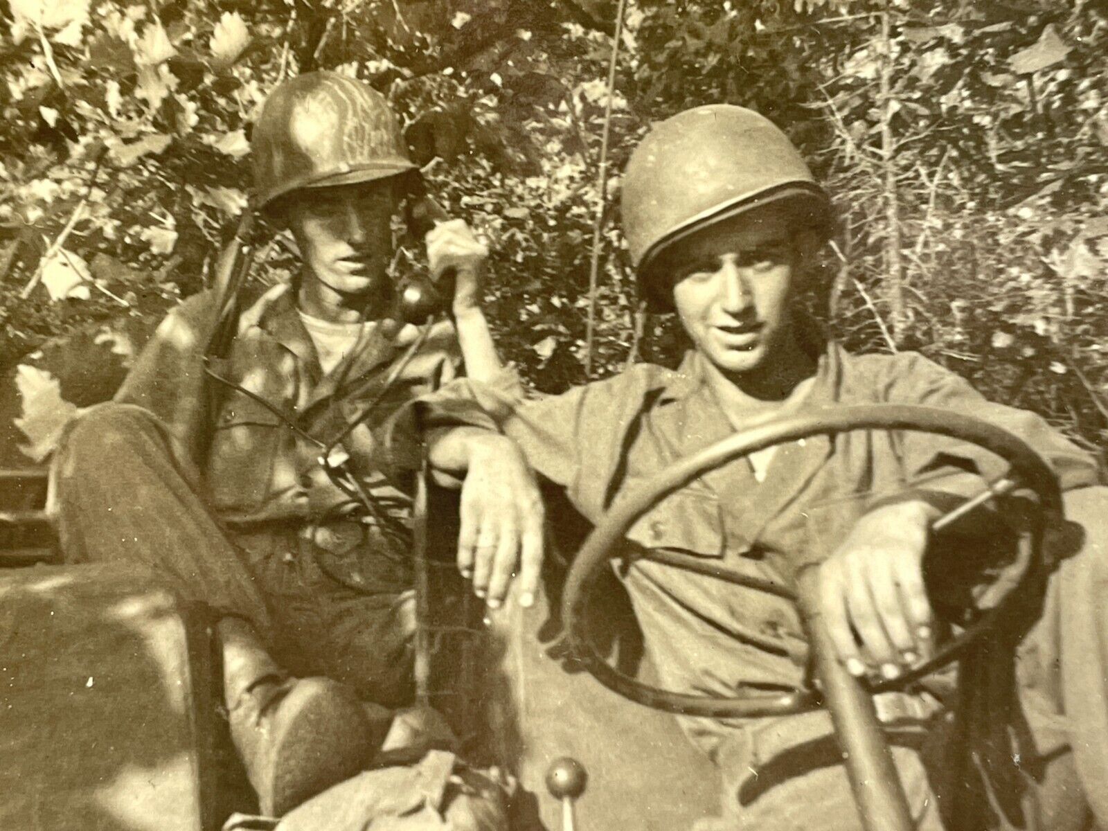 XA Photograph Handsome Military Men On Recon Patrol Jeep Helmets Telephone