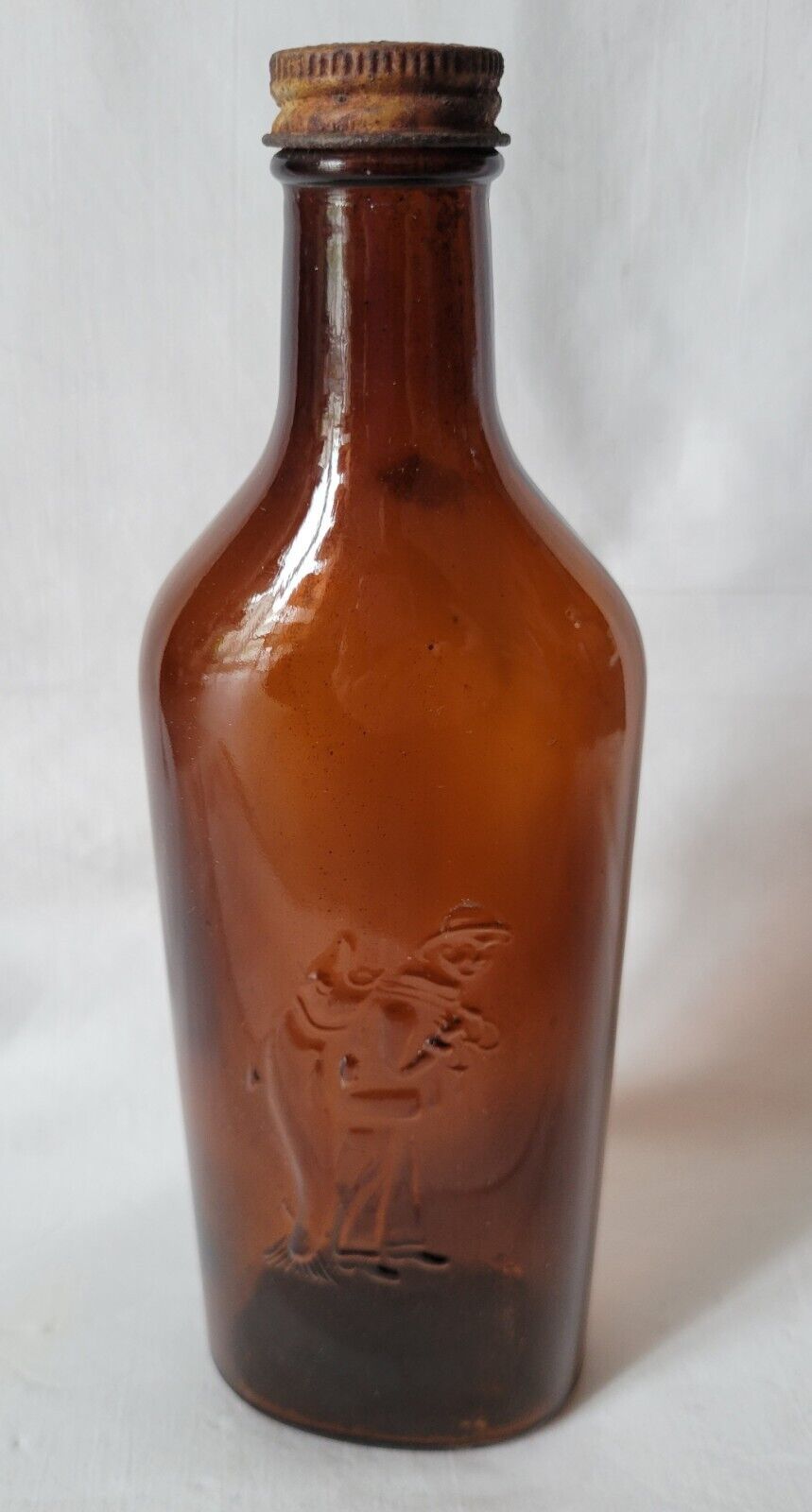 Scott\'s Emulsion Amber Glass Cod Liver Oil Bottle Embossed Fisherman Vintage