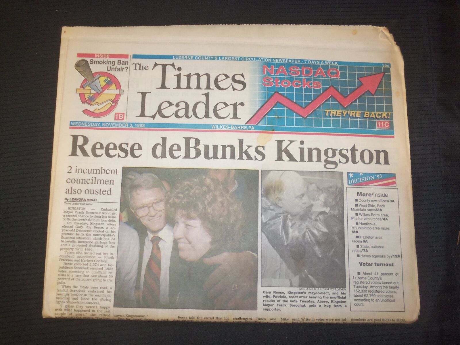 1993 NOVEMBER 3 WILKES-BARRE TIMES LEADER - REESE DEBUNKS KINGSTON - NP 7549