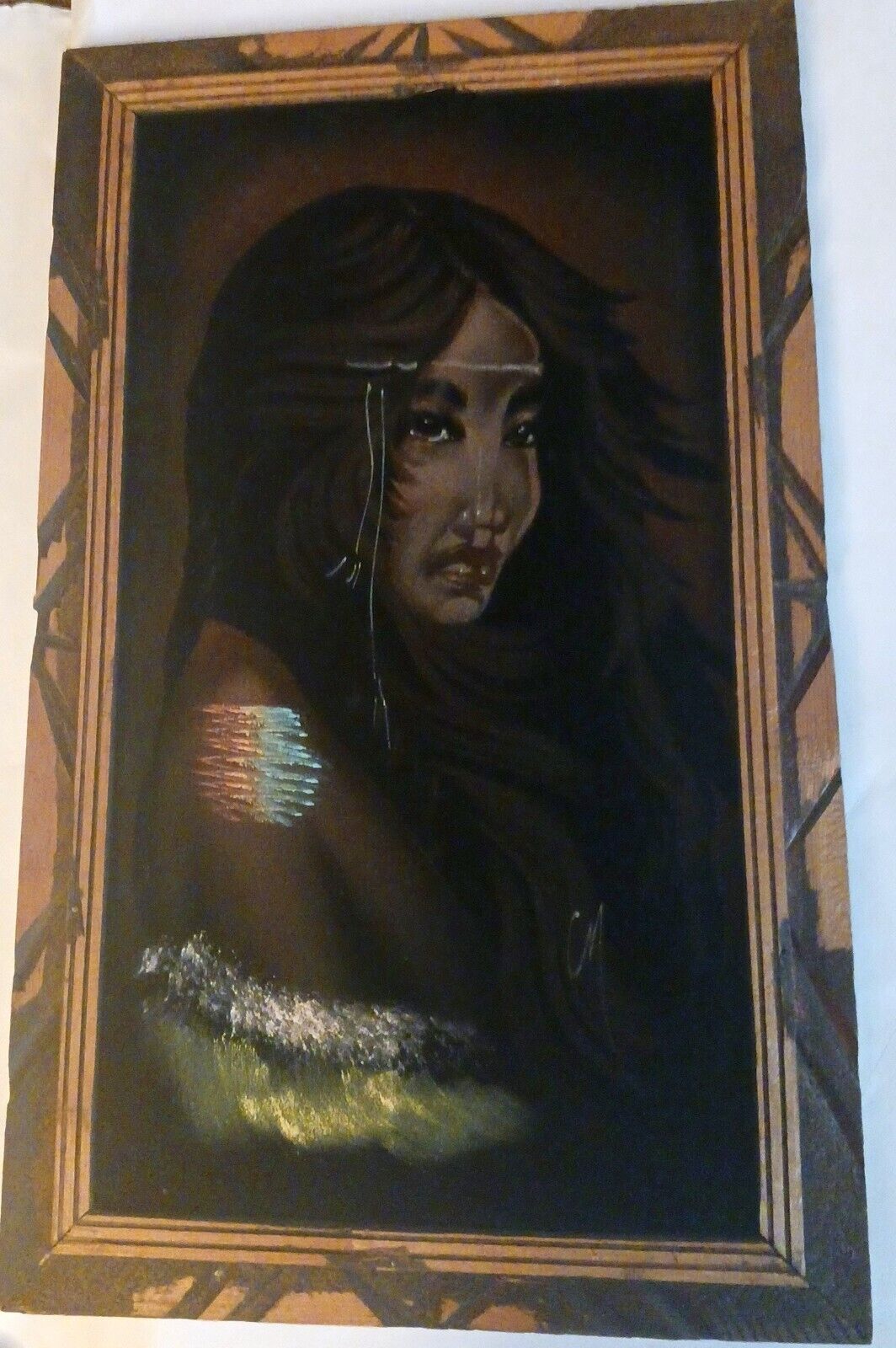Black Velvet Beautiful Native American Woman approx. 14x22 inches Made in Mexico