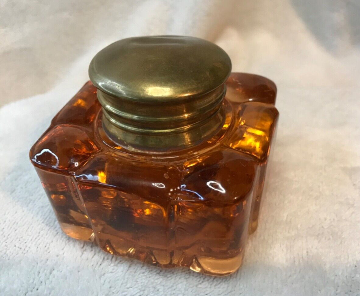 vintage amber cut glass crystal ink well w/brass top