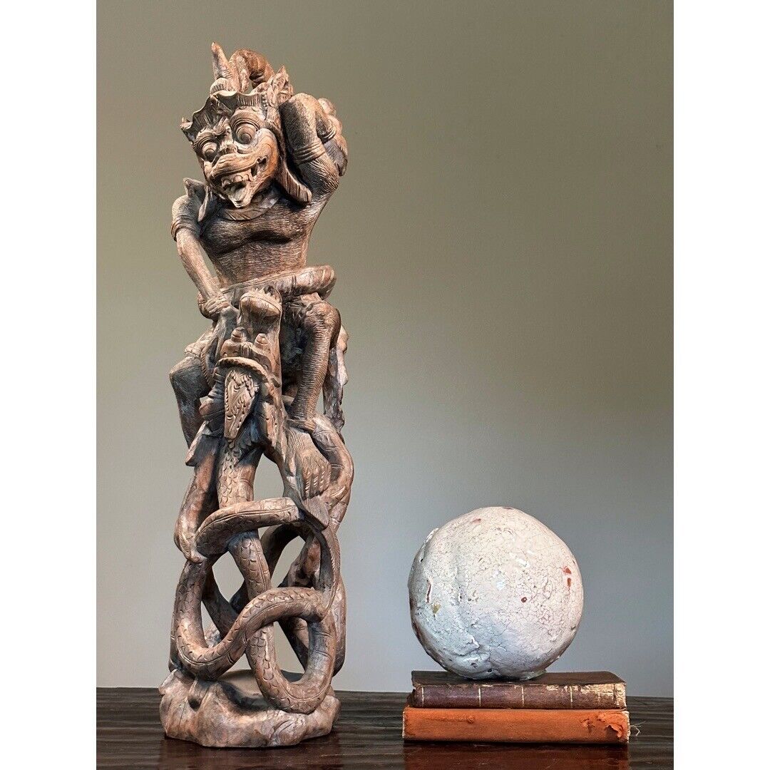 Vintage Folk Art Hand Carved Balinese Hanuman Deity With Naga Dragon Sculpture