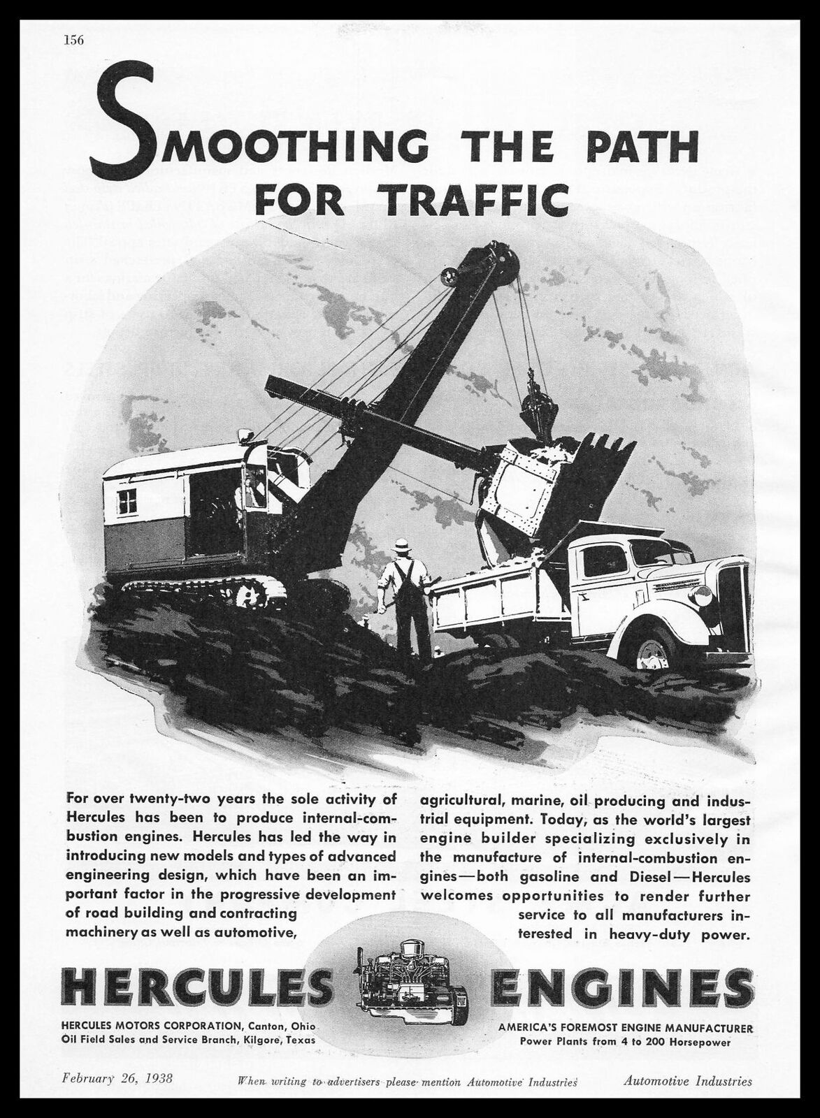 1938 Hercules Motors Canton Ohio Heavy Duty Engines Crane & Dump Truck Print Ad