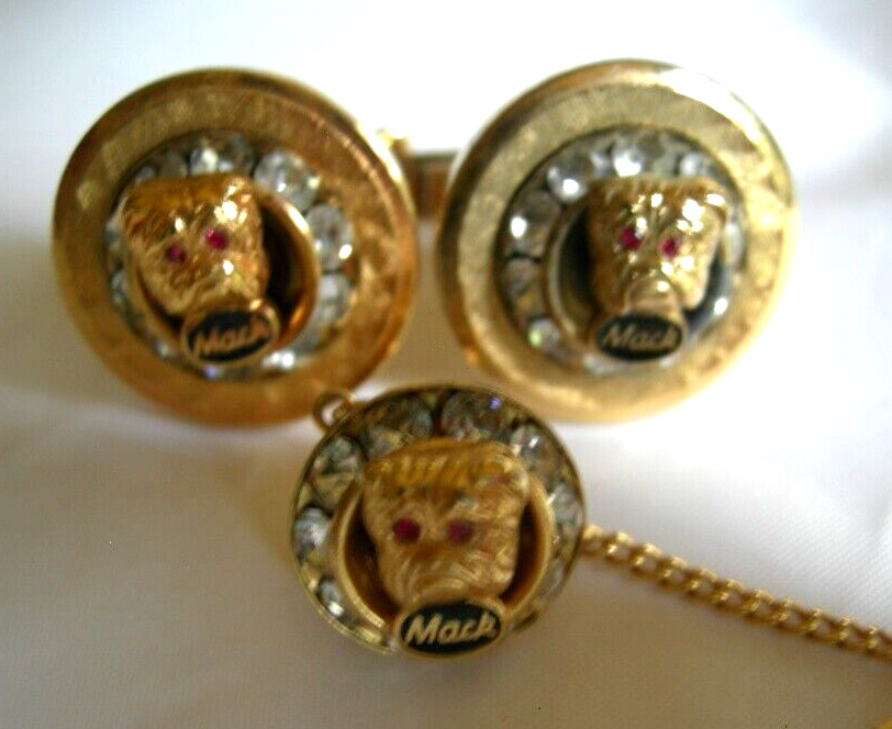 Vintage Mack Truck Bulldog Collectable Gold Tone Cuff Links & Tie Pin
