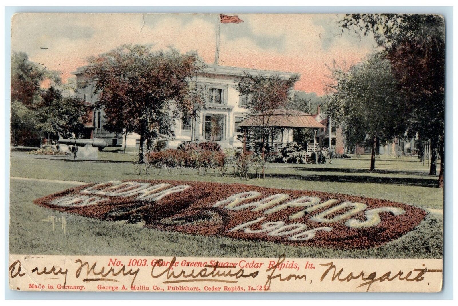 1906 George Greene Square Flowers Flag Cedar Rapids Iowa IA Posted Tree Postcard