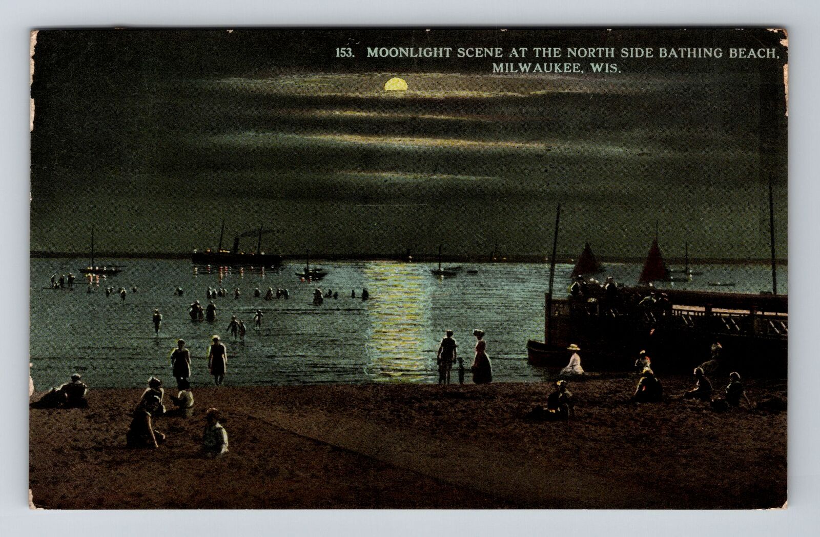 Milwaukee WI-Wisconsin, Moonlight, Bathing Beach North, Vintage c1916 Postcard