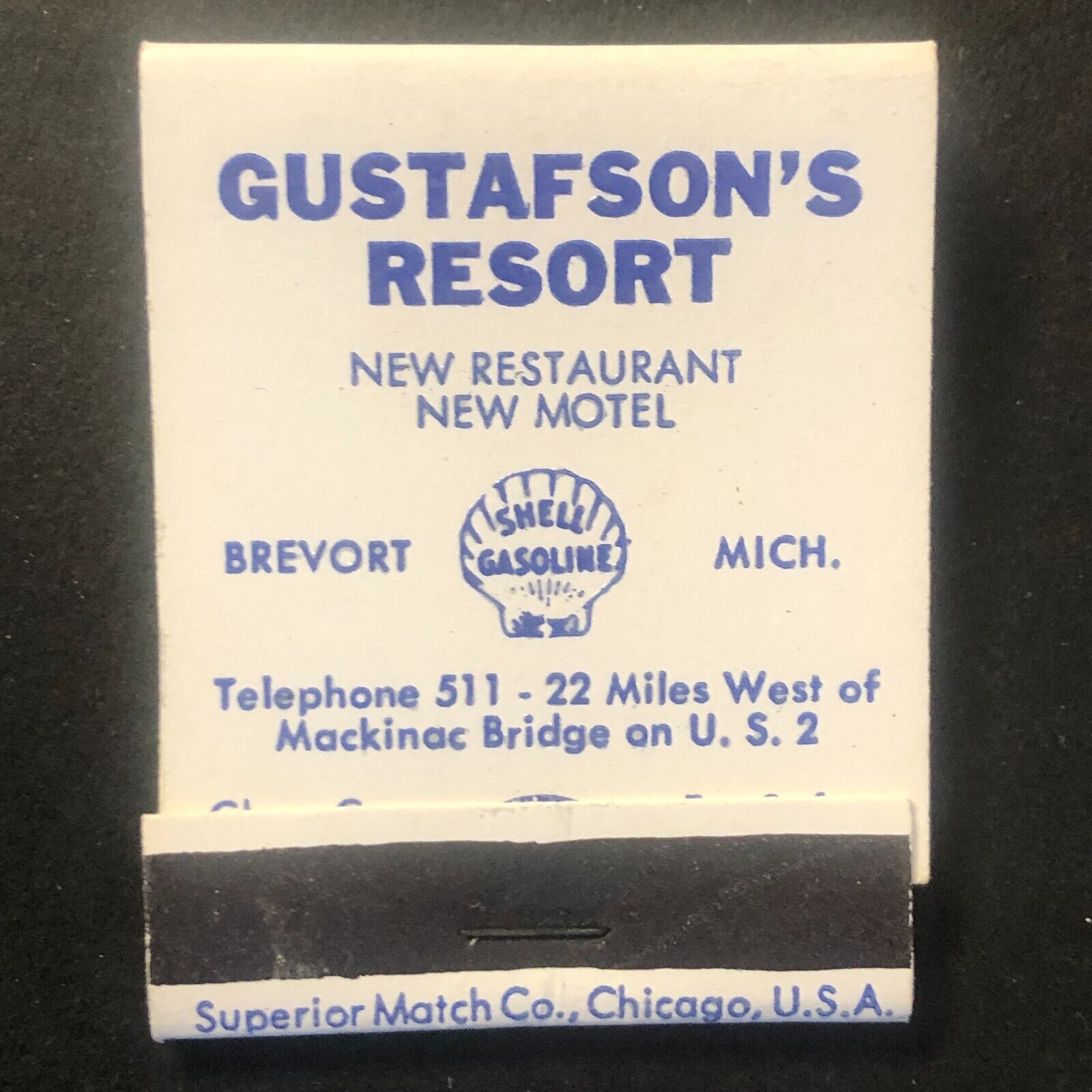 Gustafson's Resort Shell Gasoline Brevort, MI Vintage Matchbook c1960's VGC
