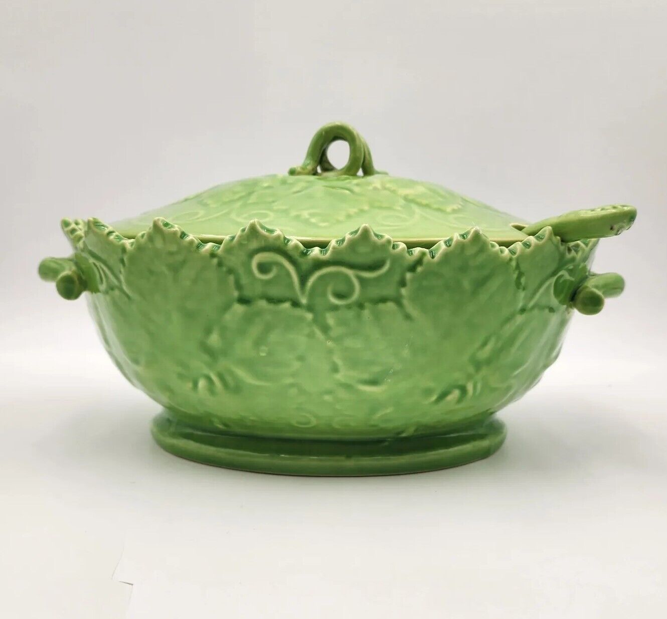 Vintage Olfaire Covered Tureen & Ladle Portugal Handmade Ceramic Majolica Green