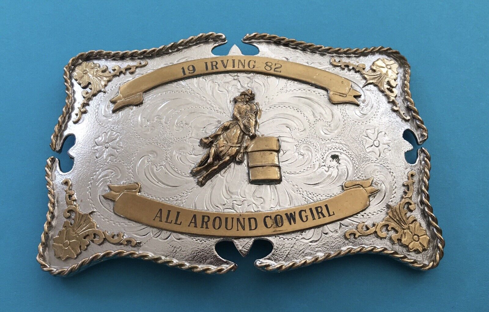 True Vintage Western American 1982 Irving All Around Cowgirl Trophy Belt Buckle