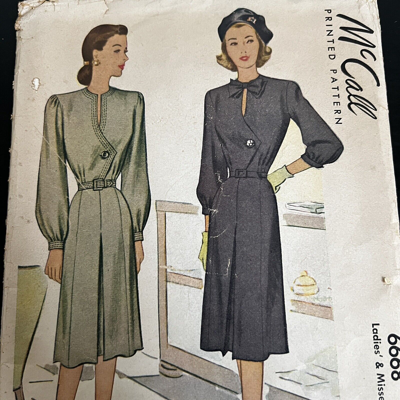 Vintage 1940s McCalls 6668 Asymmetrical Button Front Dress Sewing Pattern 20 CUT
