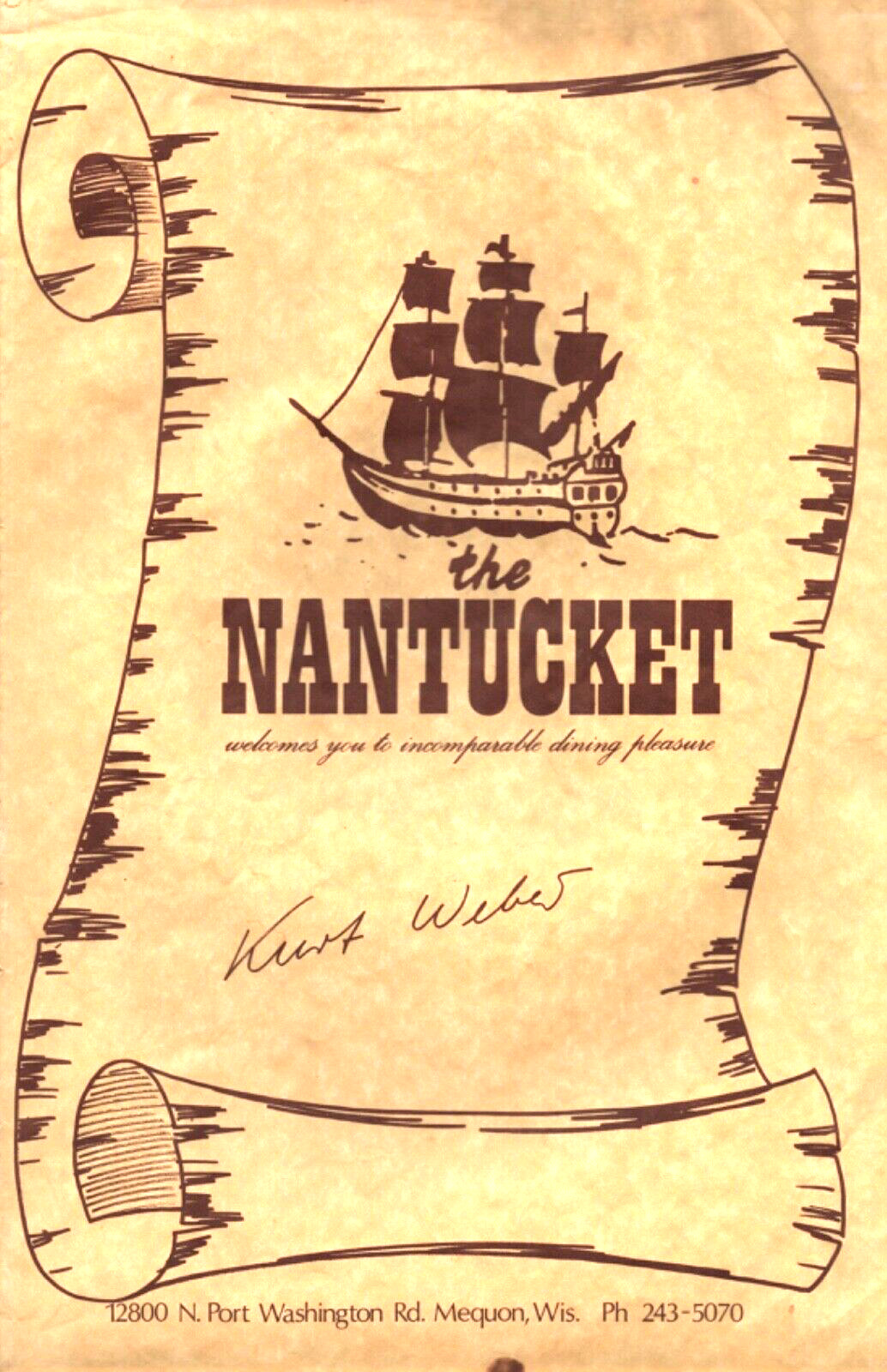 1980s THE NANTUCKET vintage restaurant menu MEQUON, WISCONSIN steak and seafood