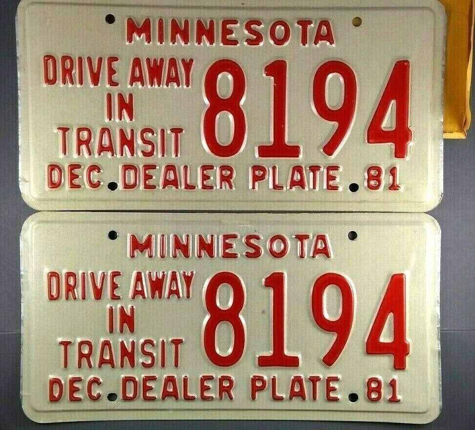 1981 Minnesota Drive Away In Transit Dealer License Plate Pair  #8194  N-O-S