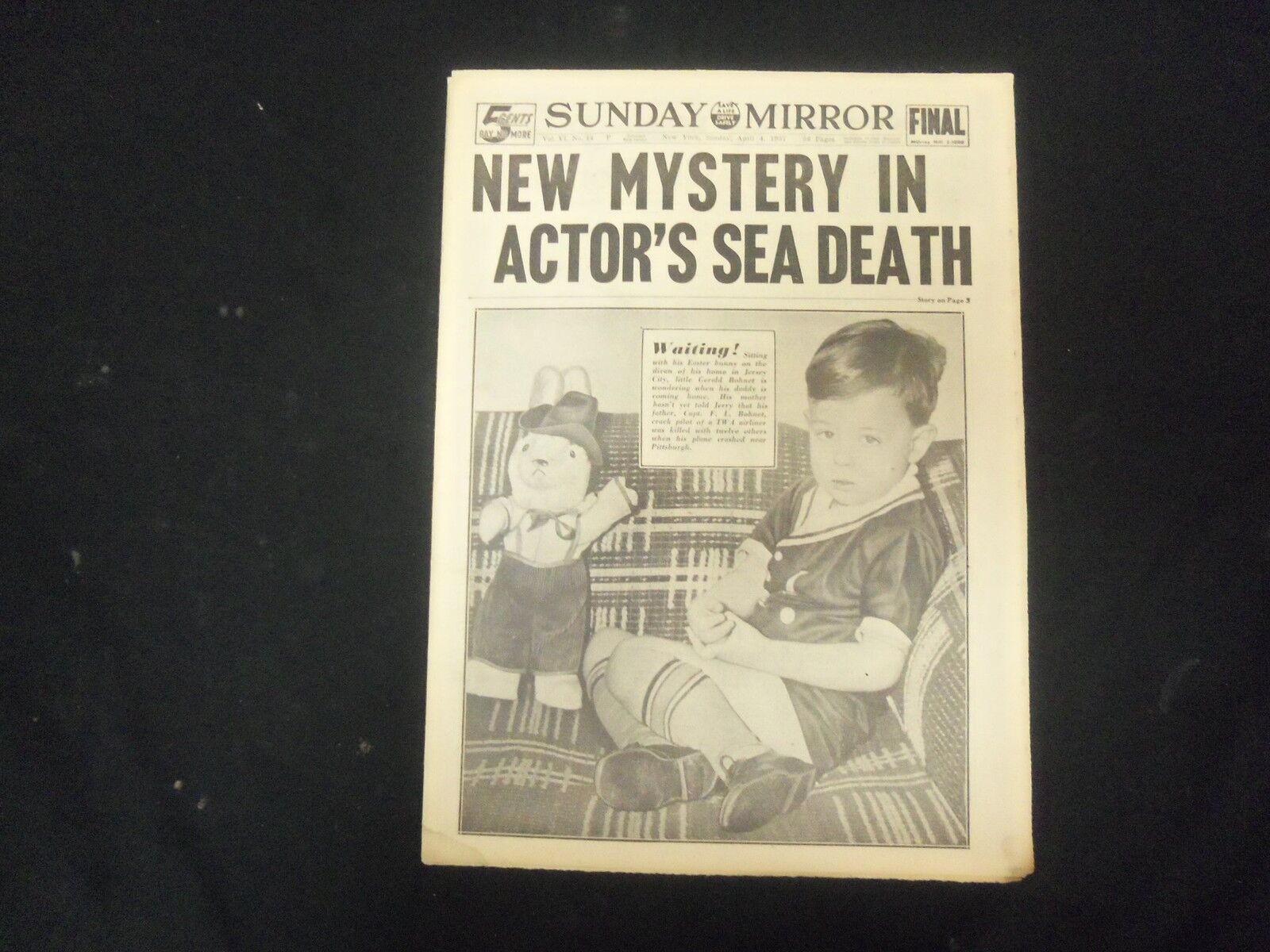 1937 APRIL 4 NEW YORK SUNDAY MIRROR - NEW MYSTERY IN ACTOR'S SEA DEATH - NP 2322