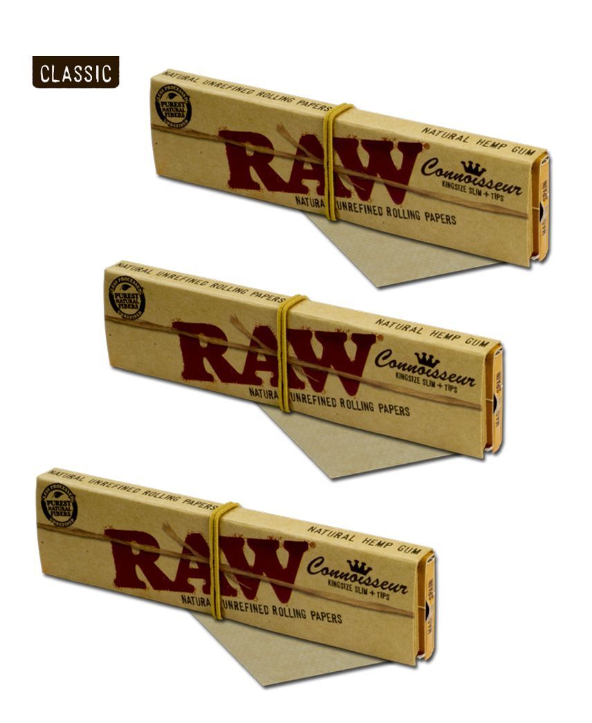 3X Packs of RAW King Size Slim CONNOISSEUR papers with TIPS Unbleached Natural