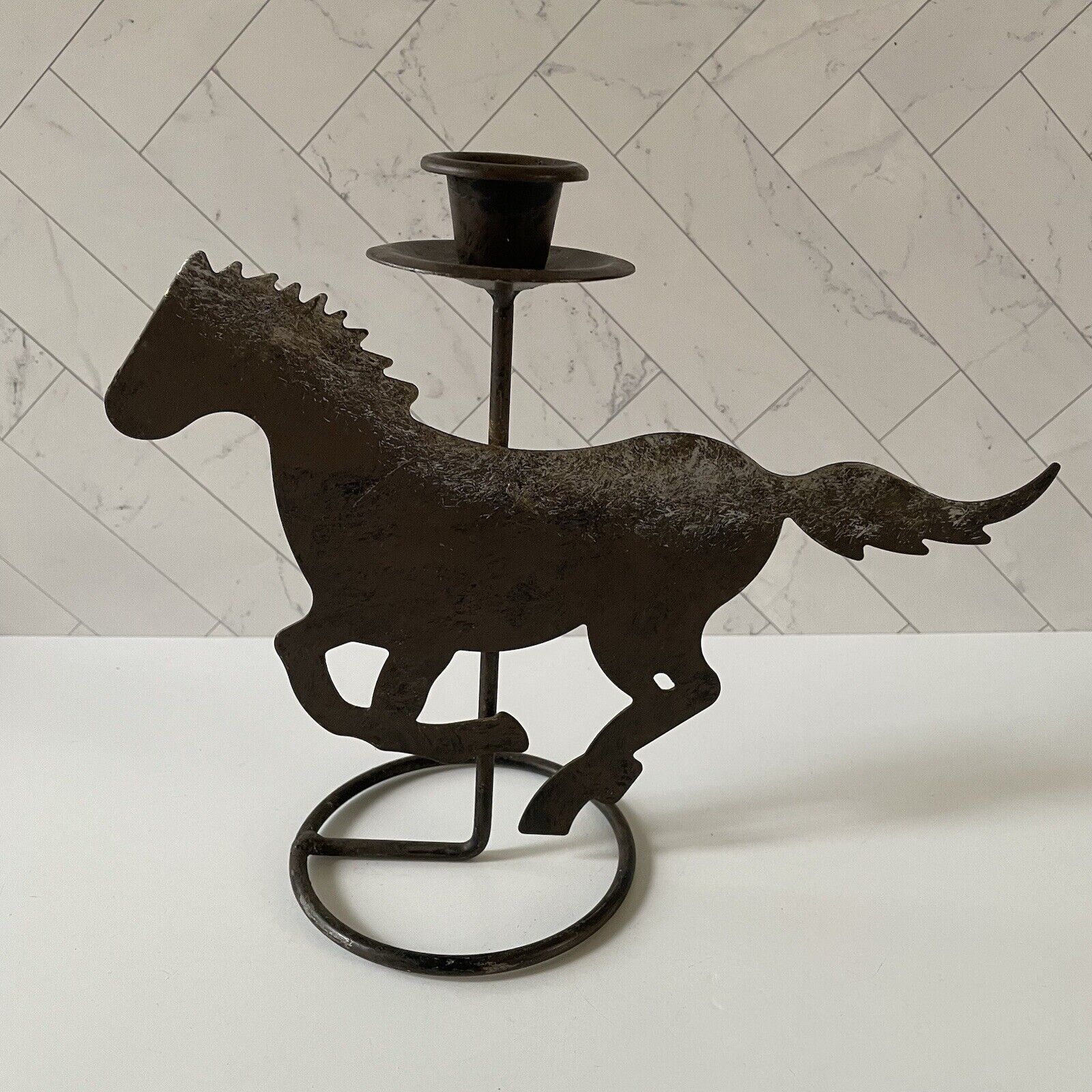 Vintage Metal Galloping Horse Pony Taper Candle Holder 7.25”