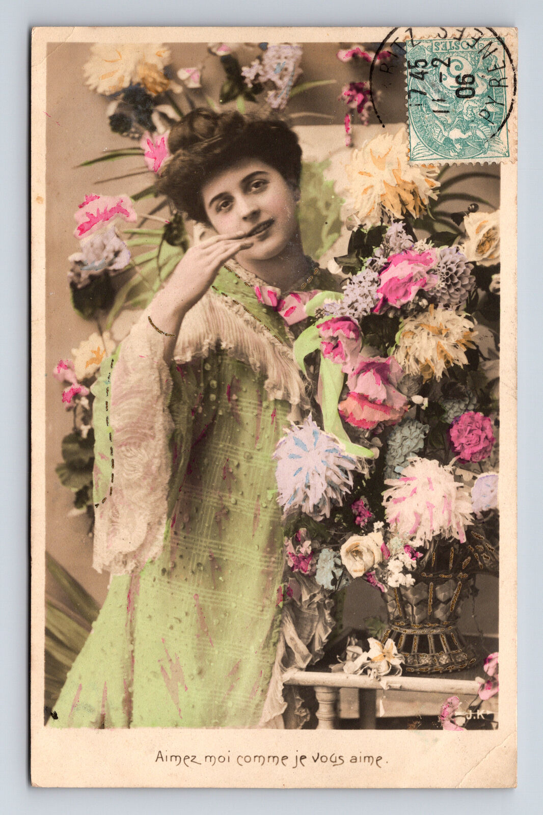 c1906 RPPC French Hand Colored Portrait of Beautiful Woman Flowers Love Postcard