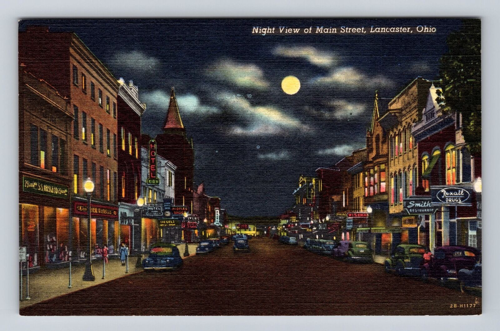 Lancaster OH-Ohio, Night View Of Main Street, Drug Store, Hotel Vintage Postcard