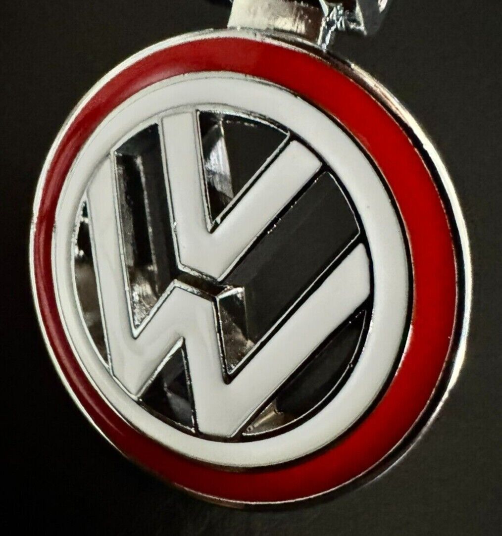 Nicest VW Volkswagen Cut-Out Keychain Online, White Logo, RED Background, Nicest