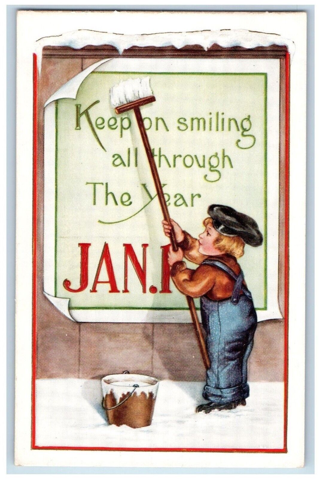 c1910's New Year Jan. 1 Boy Cleaning Winter Snow Embossed Antique Postcard