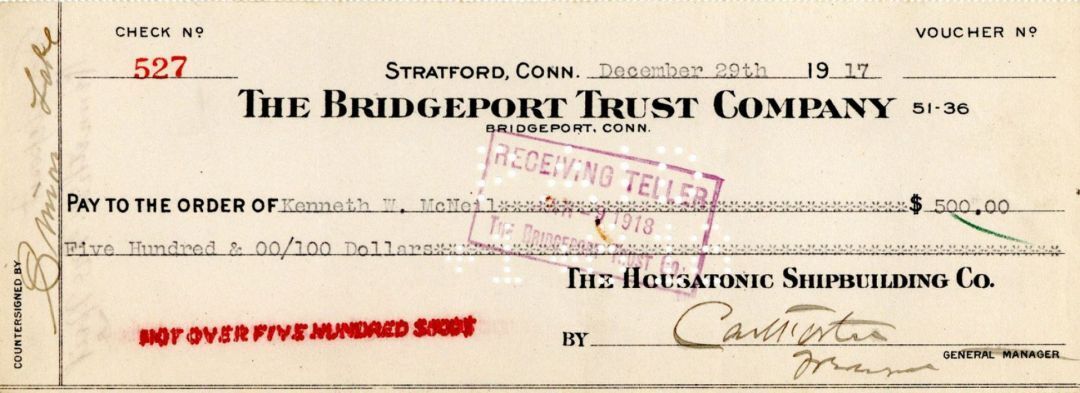 Bridgeport Trust Company Check signed by Simon Lake - 1917-18 dated Autograph - 