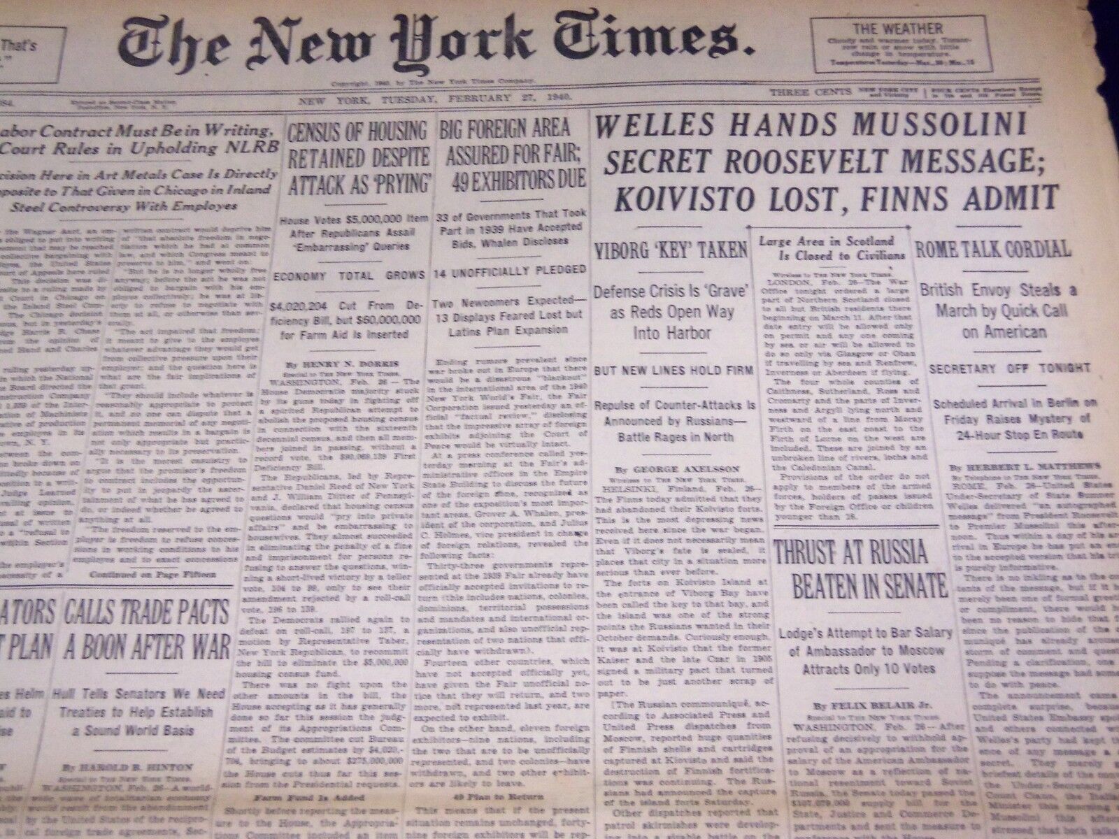 1940 FEBRUARY 27 NEW YORK TIMES - WELLES HANDS MUSSOLINI MESSAGE - NT 2940