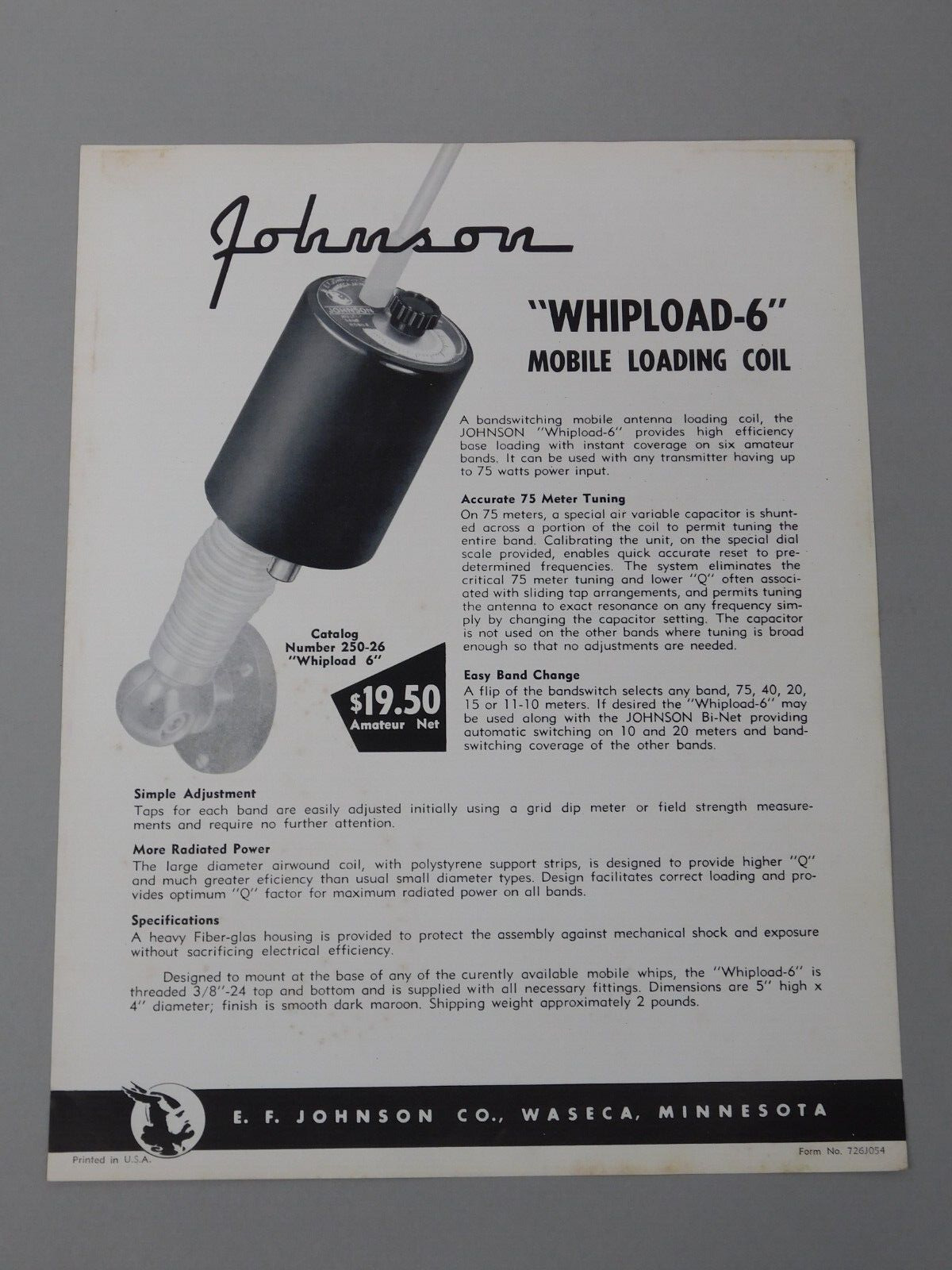 Johnson Viking Whipload-6 Mobile Loading Coil Flyer Advertisement