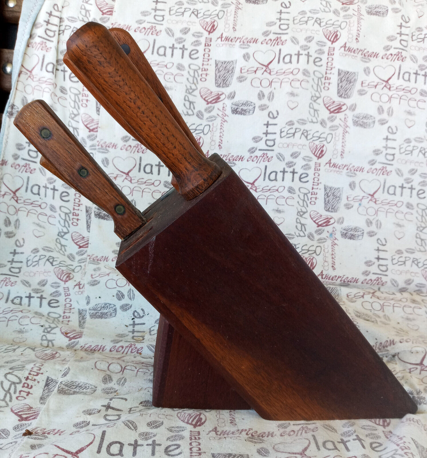 Vintage Carvel Hall Knife Set and Sharpener. Wood Knife Holder