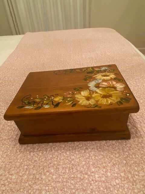 Vintage Hand Painted Pine Wooden Box with Lid Floral Design