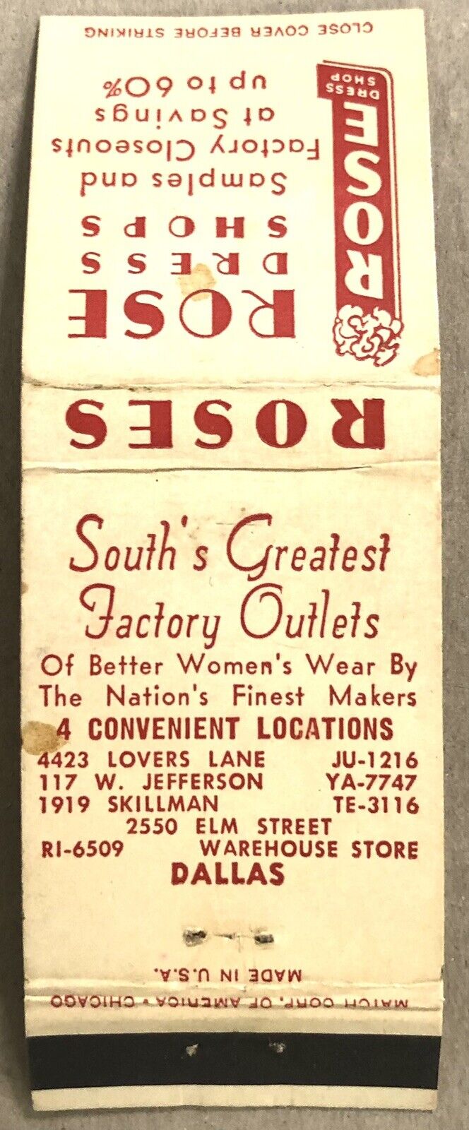 Vintage 20 Strike Matchbook Cover - Rose Dress Shops Dallas, TX