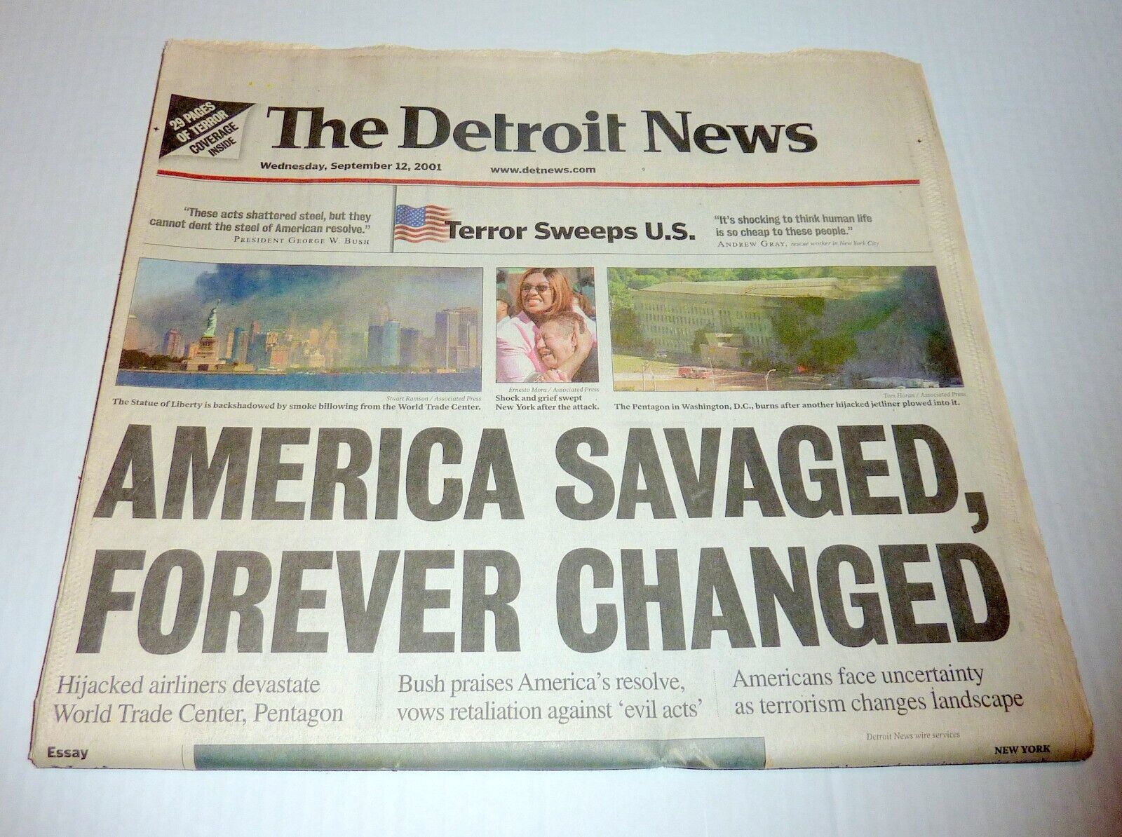 911-September 11th 2001:  Sept. 12th  DETROIT NEWS Newspaper Complete Near Mint