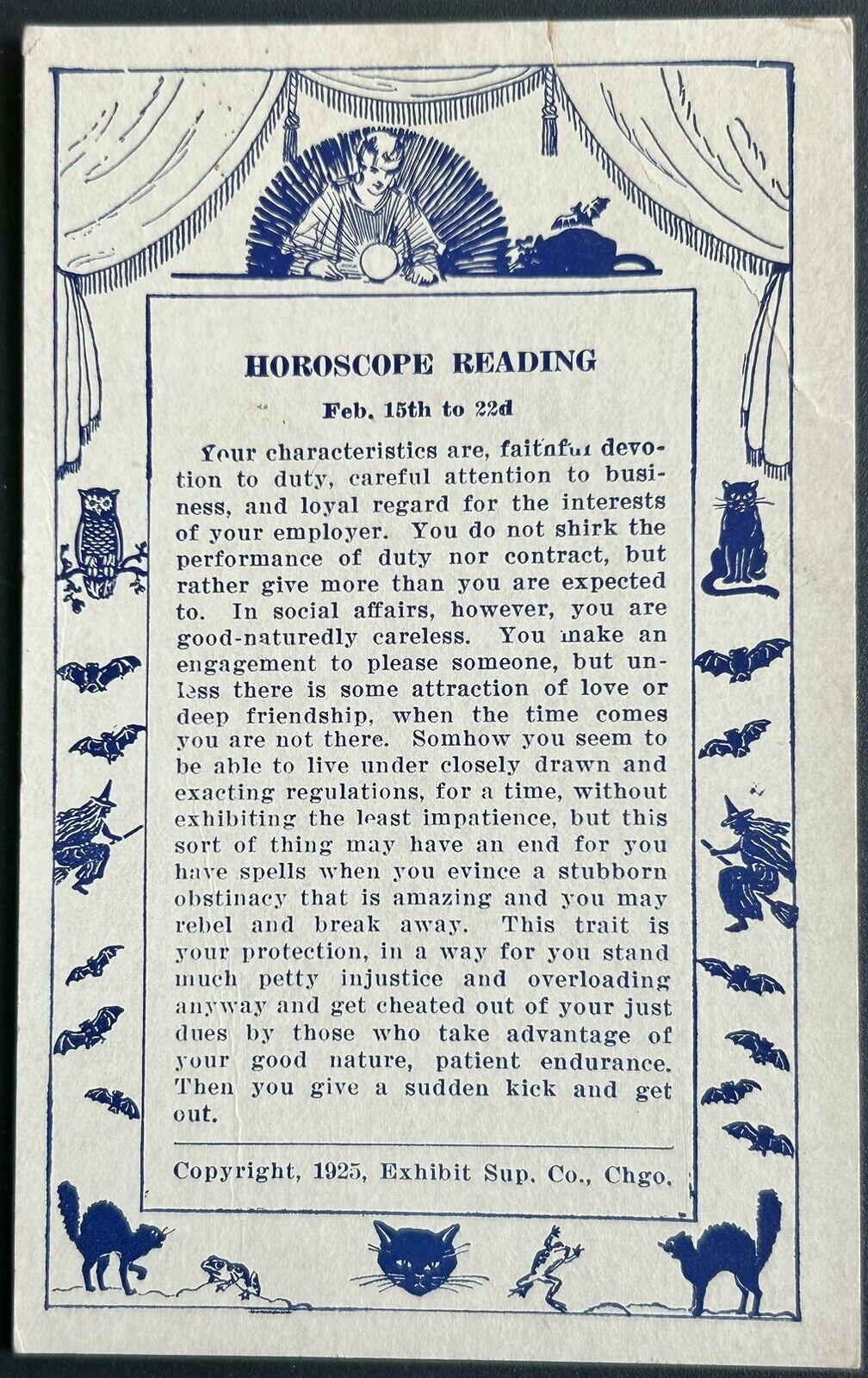 1925 horoscope reading card. Aquarius. Pisces. Vintage Postcard