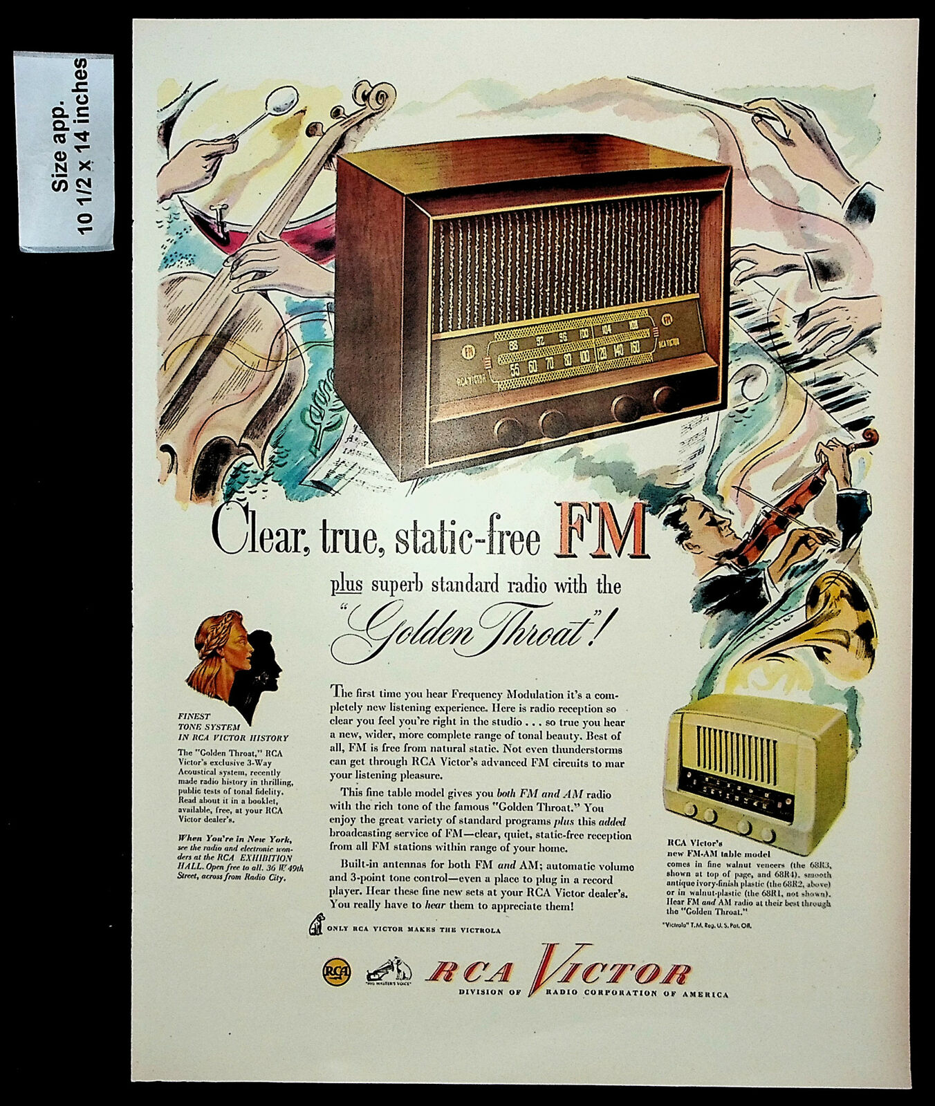 1947 RCA Victor Radio Static-Free FM Golden Throat Table Vintage Print Ad 30026