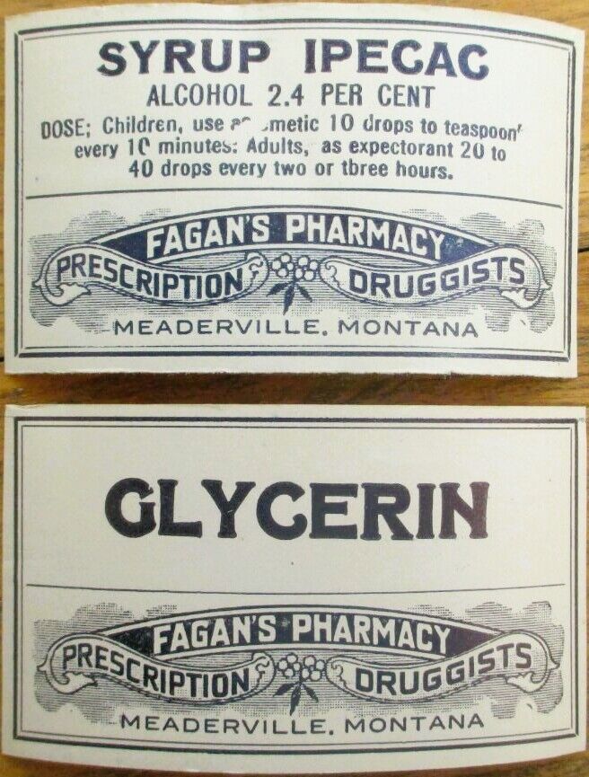 Meaderville, MT 1910 Drug Store Fagan\'s Pharmacy, Pair Medicine Labels, Montana