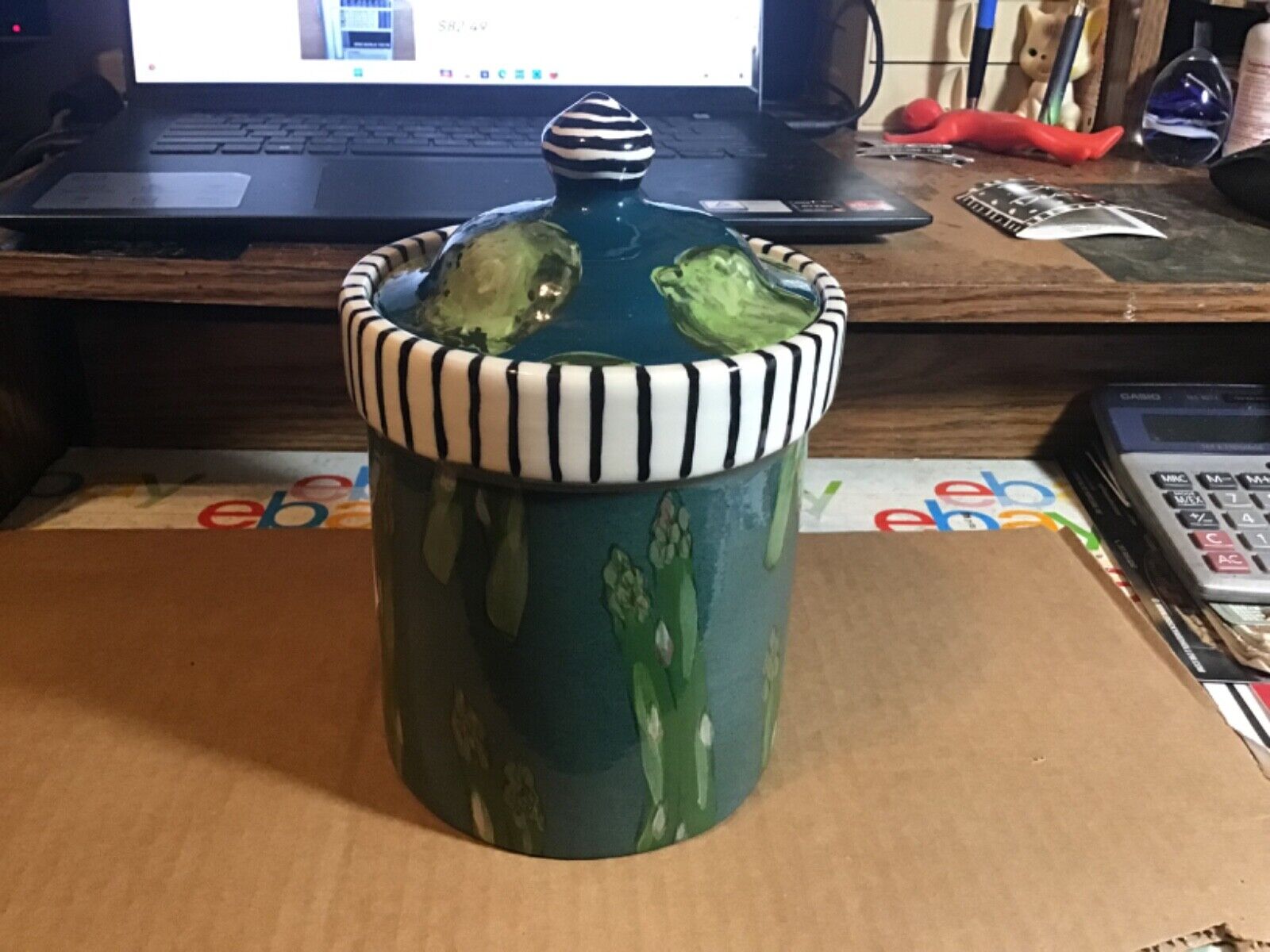 NEW Droll Designs 8 ” Pottery Canister w/ Asparagus - Handmade & Hand Painted