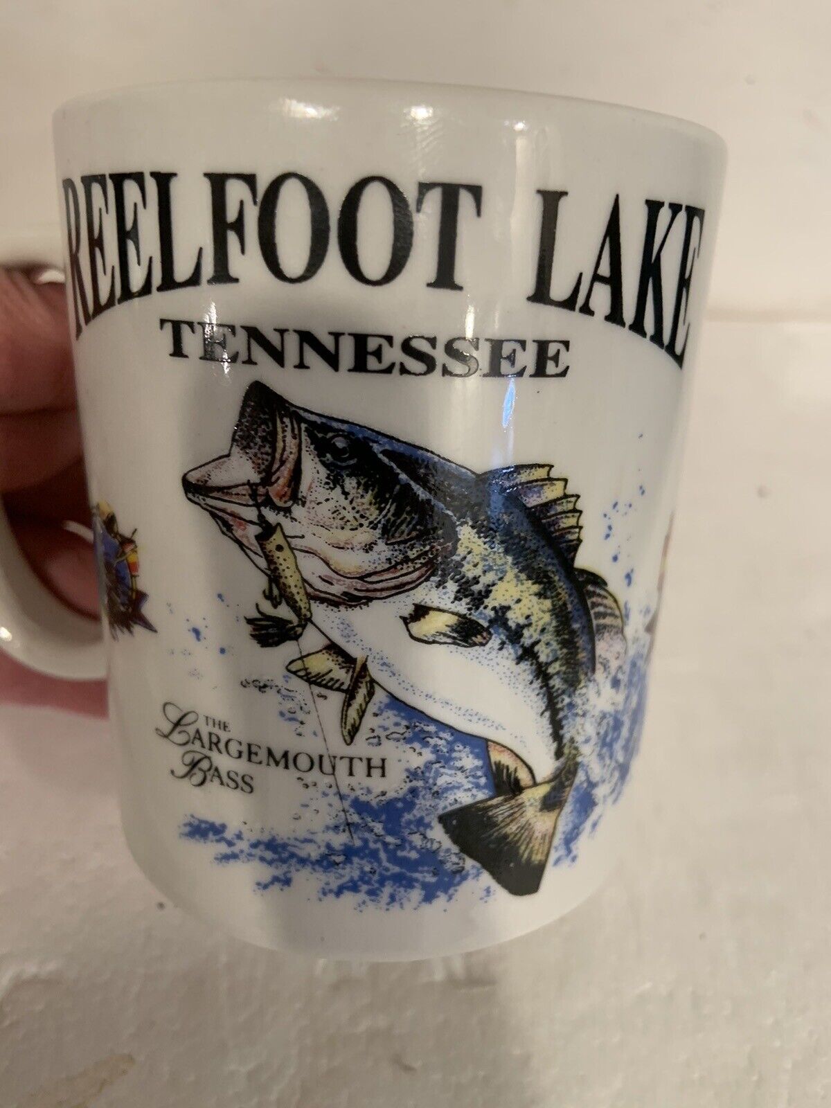 Vntg Reelfoot Lake Tennessee Coffee Mug Large Mouth Bass Double Sided Rare NICE