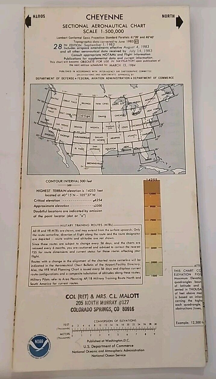 Cheyenne Sectional Aeronautical Chart 1983 Map Wall Hanging Retro Art Pilots