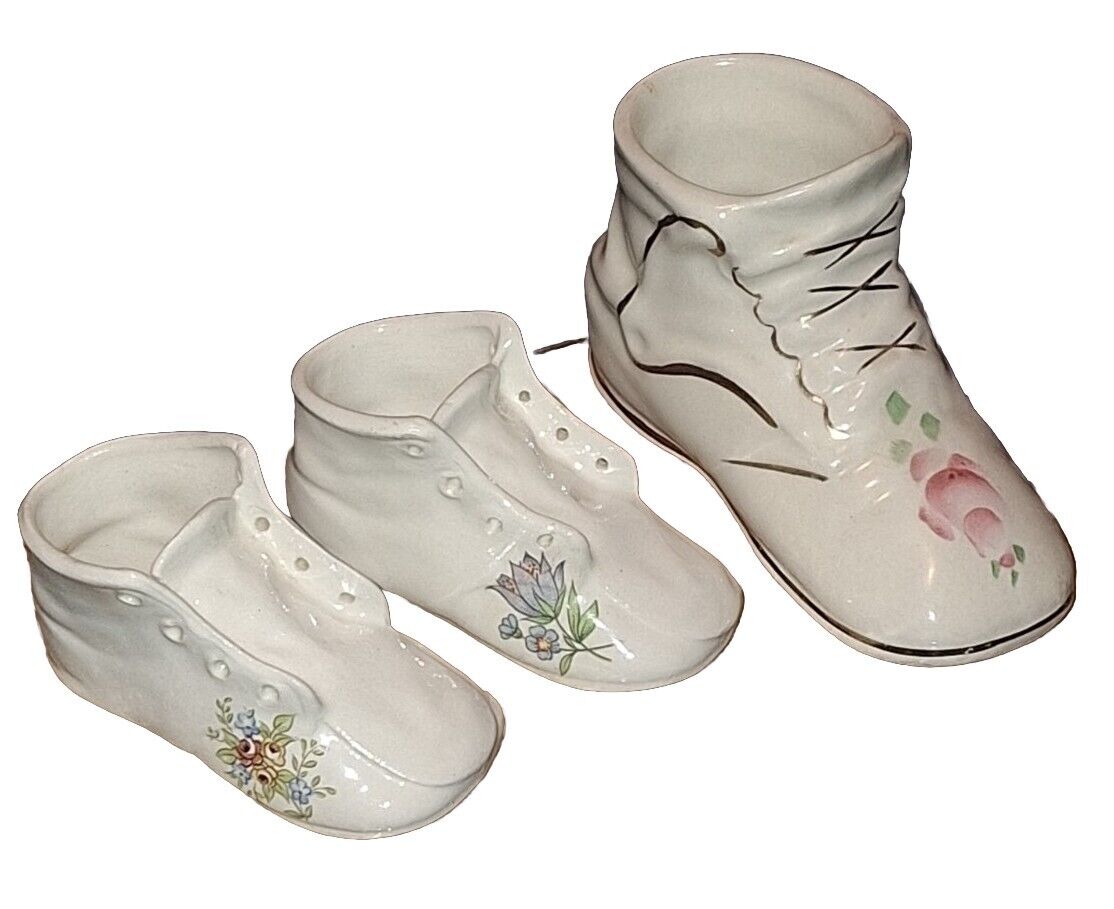 Vintage Floral White Ceramic Baby Shoe Boot Hand Painted Figurine Lot of 3