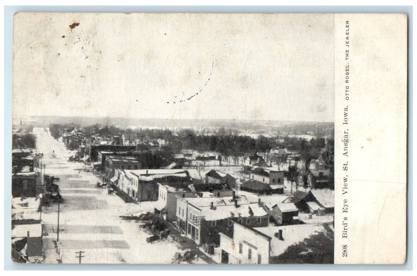 1910 Bird's Eye View St. Ansgar Iowa IA Otto Rossel The Jeweler Postcard