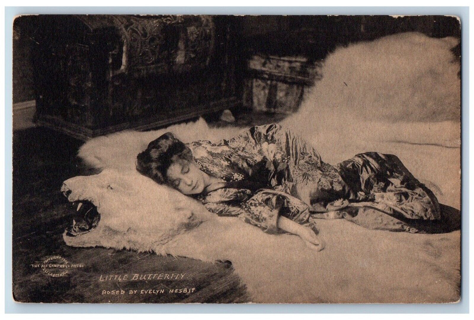 Pretty Woman Postcard Sleeping On Bear Rug Little Butterfly c1905 Antique