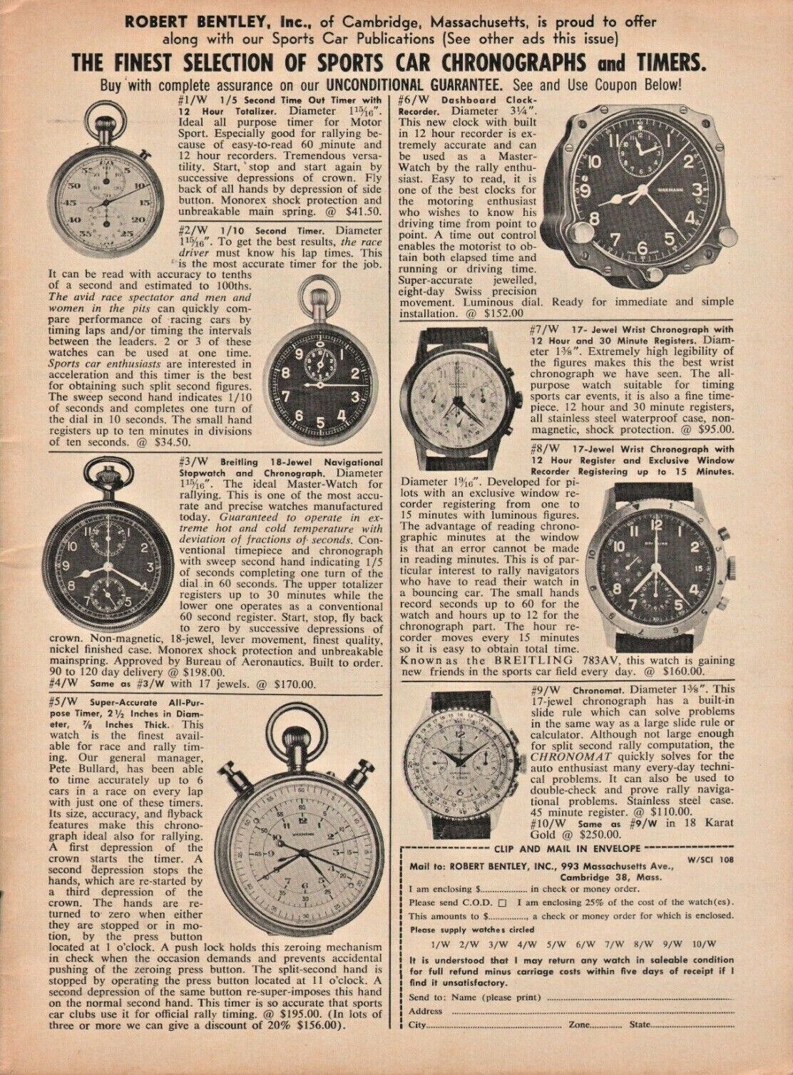 1958 Robert Bentley Sports Car Chronographs & Timers Cambridge MA - Vintage Ad