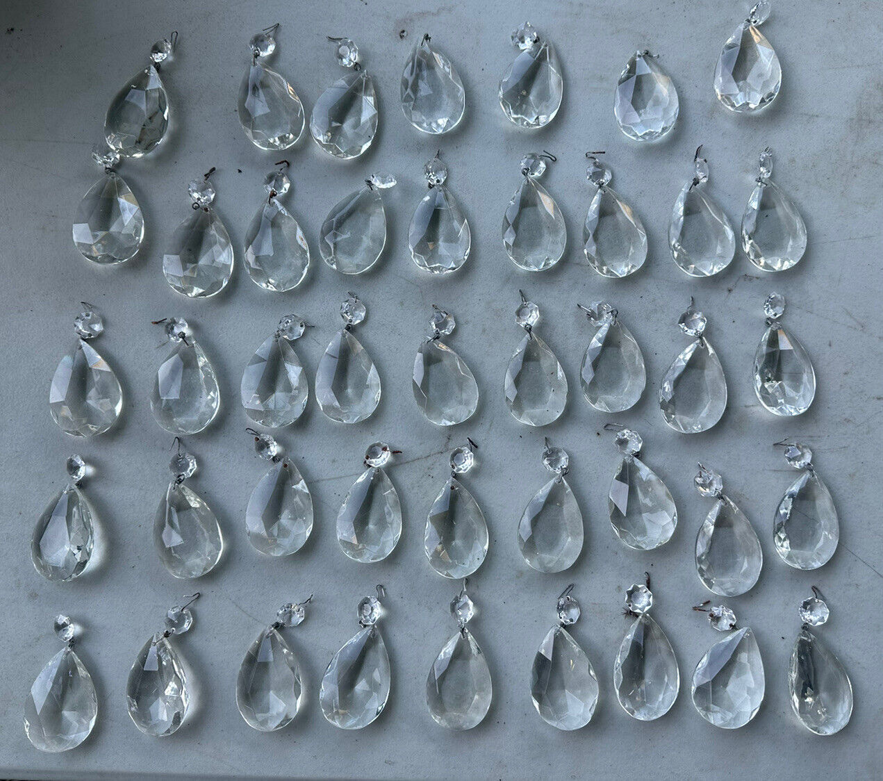 43 Vintage Matching Clear Glass or Crystal Teardrop 2.25” Prisms w .5” Top Bead