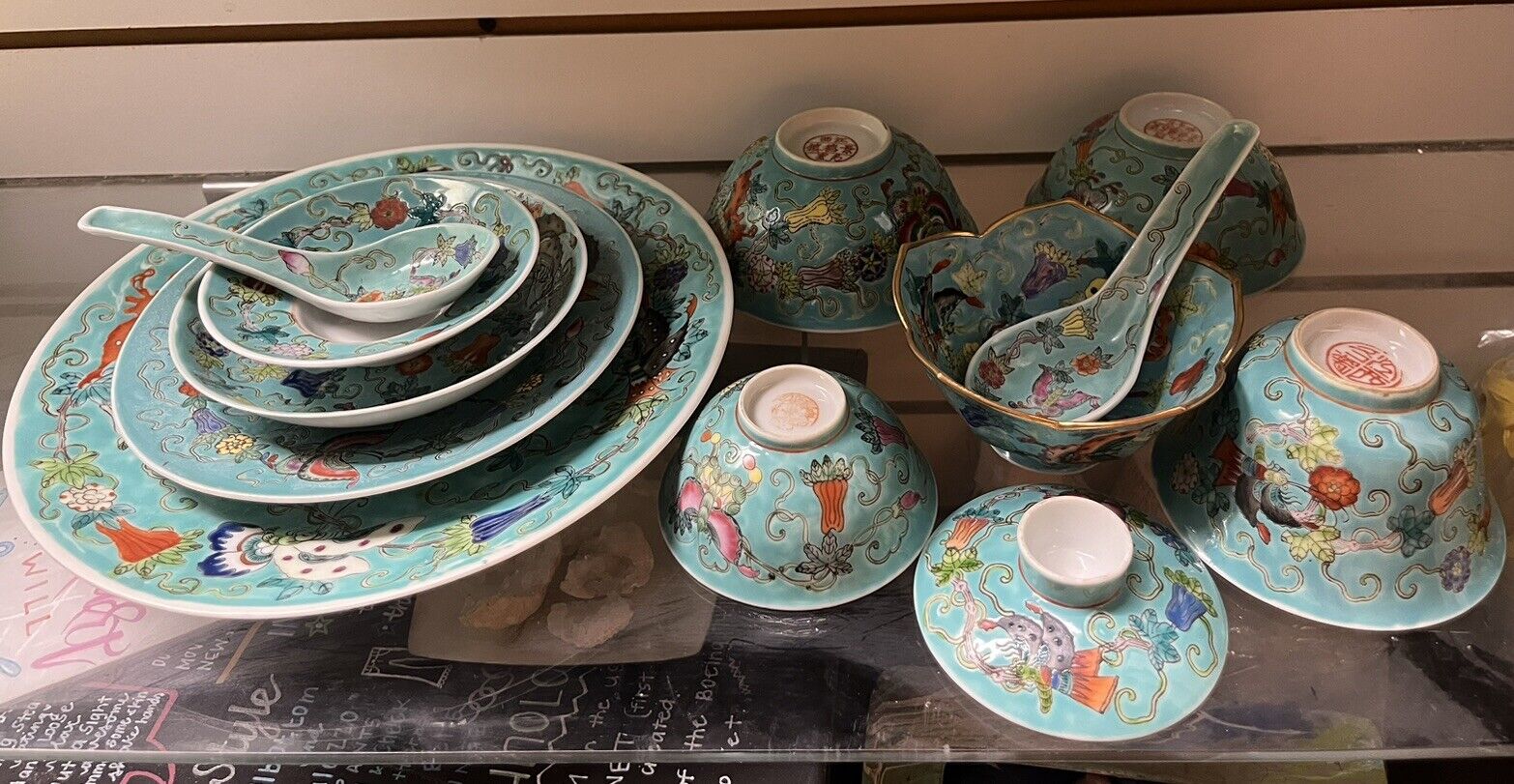 12 pc cup bowl set Famille Verte Rose Turquoise Chinese Butterfly plate spoon