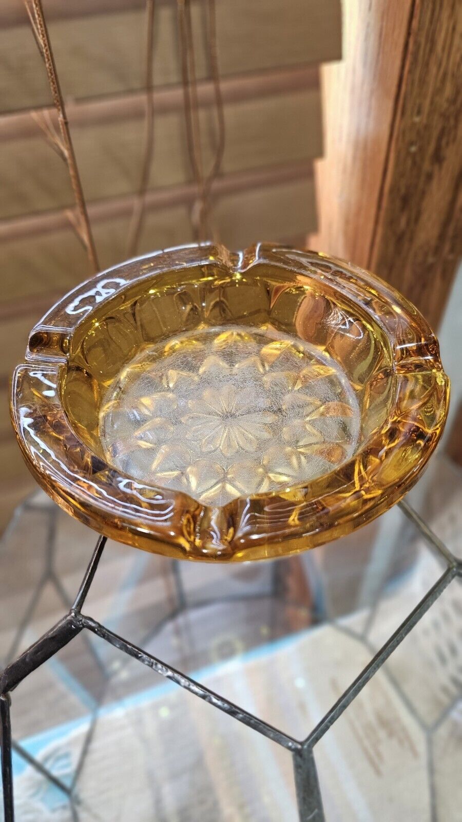 Vintage Amber Glass Ashtray MCM Sunburst Pattern Condition 1 lb 10 oz
