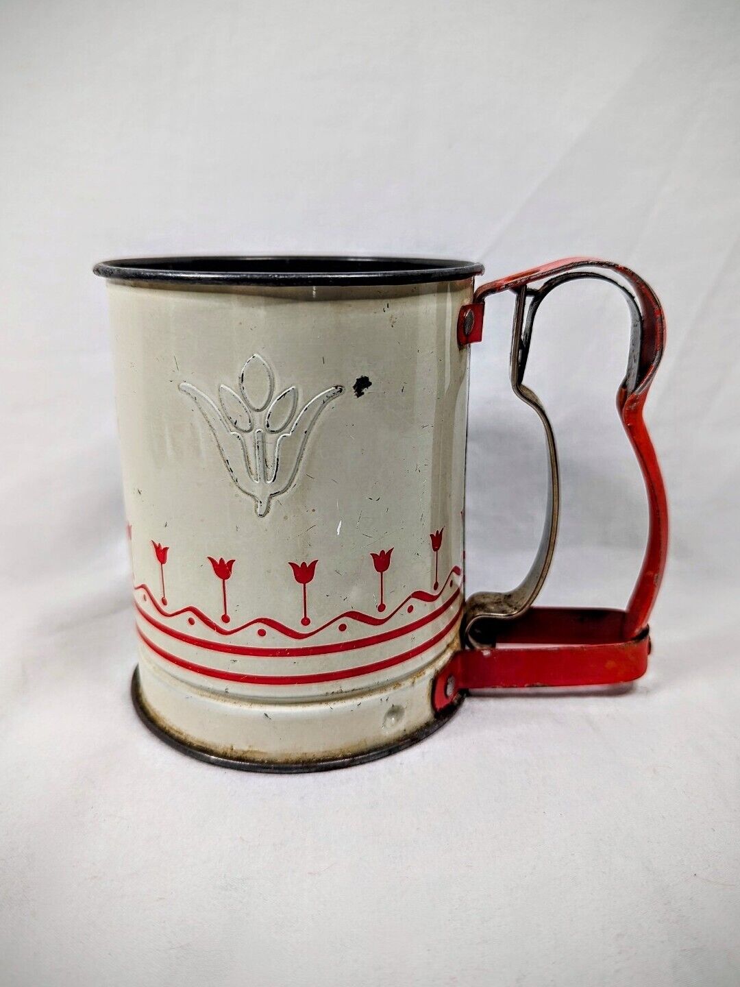 Androck Vintage Country Baking Sifter Handi-Sift Jr. Red White Tulip Tin Kitchen